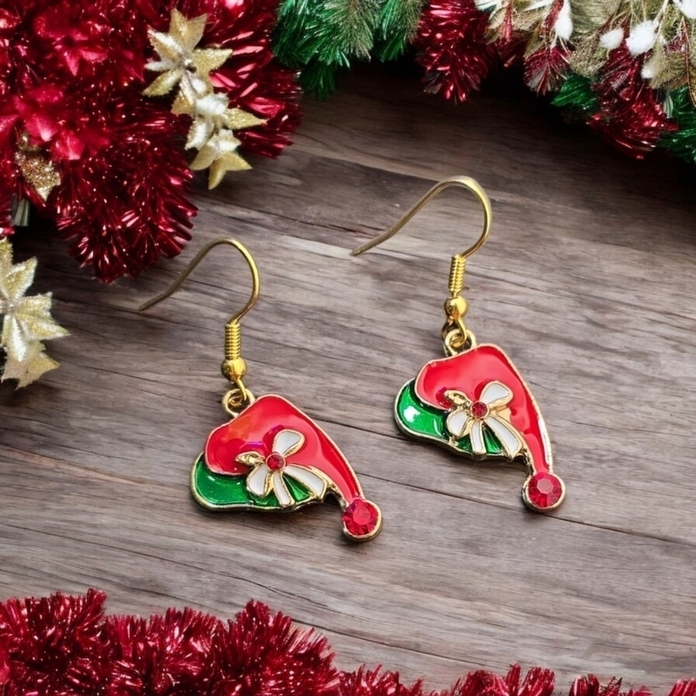 Festive Holiday Rhinestone Hat Dangle Earrings